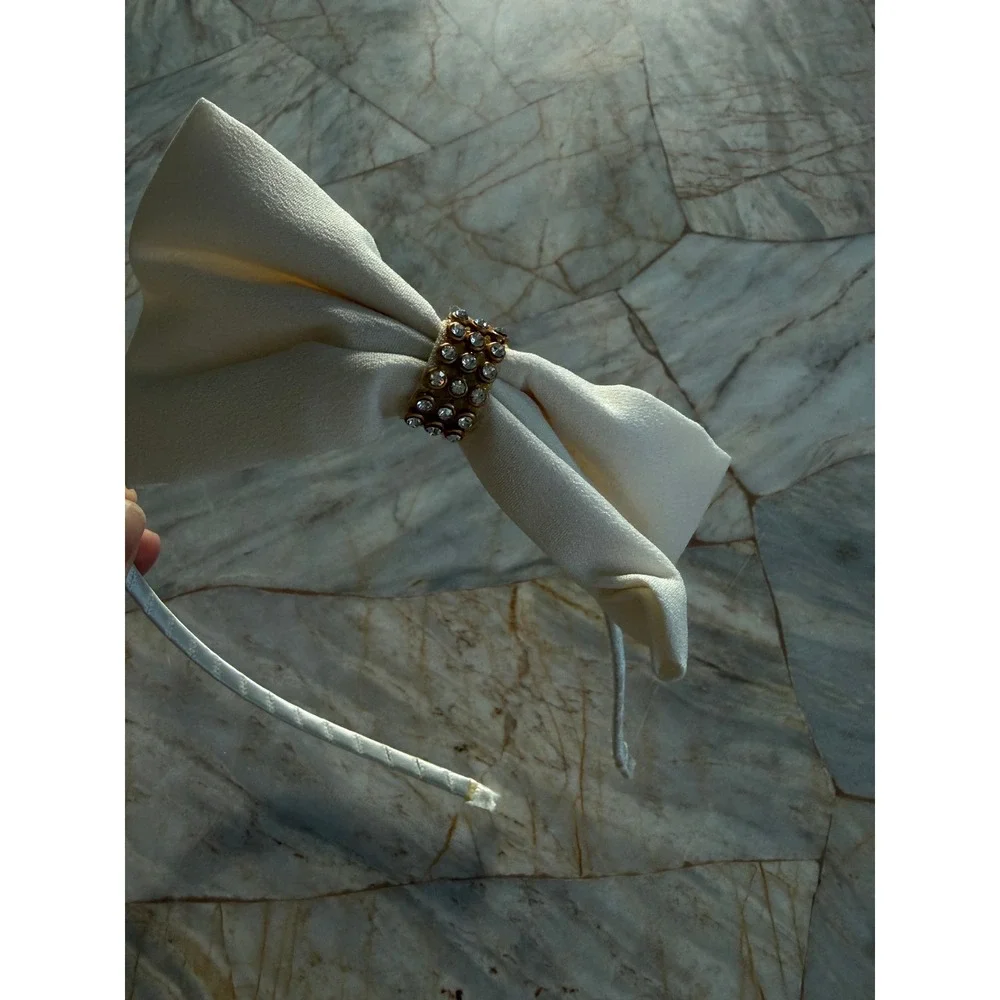Cream Fabric Bow Headband with Rhinestone Center Classic Elegant Hair Accessory